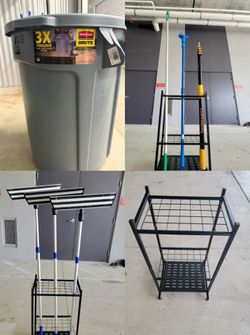 9 tools are news for cleaning floors, windows, and ceilings. Includes an organizer for 35 tools and a Rubbermaid BRUTE gray container.
