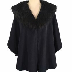 A Adrienne Landau Black Faux Fur Removable Collar Cape, Poncho 