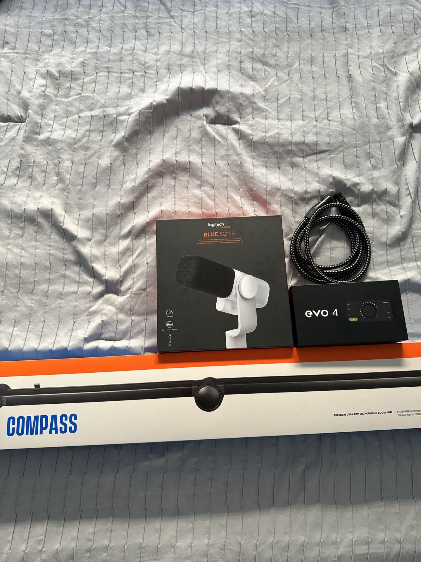 Logitech Blue Sona XLR Mic + Blue Compass Boom Arm + Audient Evo 4 Audio Mixer + Included XLR Cable