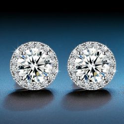 2CT VVS1 Moissanite Halo Studs - 5mm 18K White Gold Finish (Passes Tester)