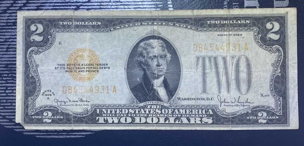 1- 1928 GTwo Dollar Bill Rare Yellow Seal posible Mint Error
