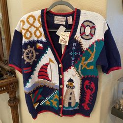 NWT~Vintage ASHLEY Women Hand Knit Sailboat Nautical Short Sleeve Cardigan-Large