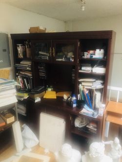 Mid century wooden shelf bookcase china cabinet 66” wide 71” tall and 21” deepest part