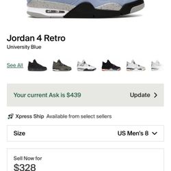 Jordan 4 University Blue - Size 8