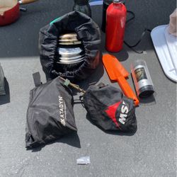 2 MSR Whisper Lites, MSR pans, Candle-lantern, Katadyn Water Purifier