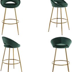 Green Velvet Bar Stools Set of 4,Modern Tufted Barstools 30inch Bar Height Chairs with Open Back/Footrest Kitchen Stools for Island/Home Bar/Dining Ro