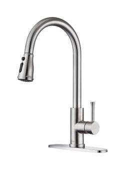 Kitchen Sink Faucet Brushed Nickel with Pull Down Sprayer Stainless Steel Single Handle Modern Kitchen Faucet with Deck Plate for Single Hole & 3 Hole