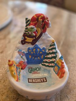 Vintage 2000 Hershey's Grinch Ceramic Candy Dish Whoville Sleigh TIC TOC USA