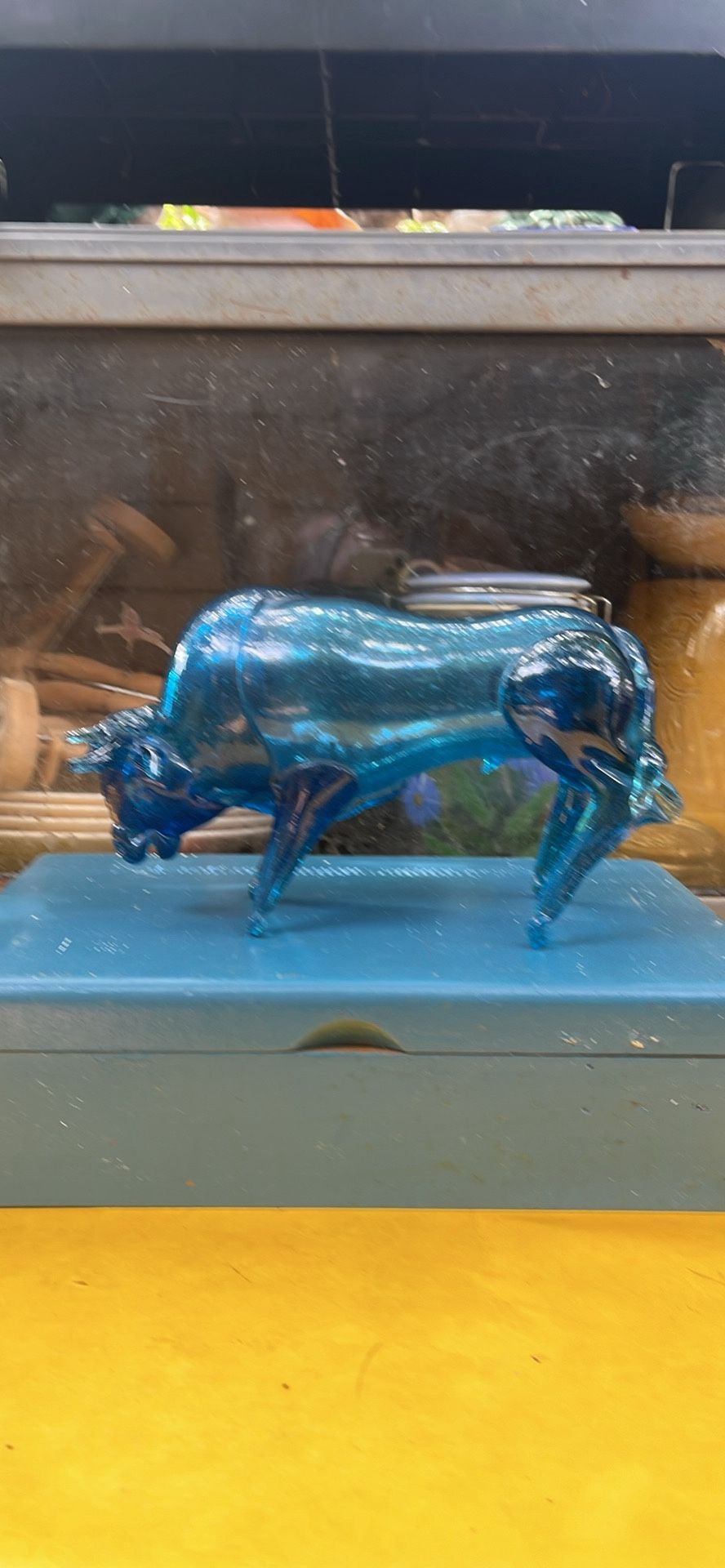 Vintage Blown Glass Blue Bull With Blue Wooden Hinged Box