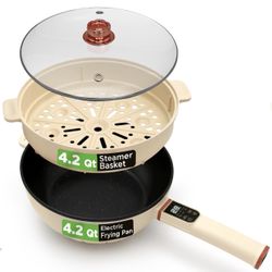 2 In 1 Electric Frying Pan & Steamer 8 Quarts [NEW] | Portable Non-Stick Skillet for Cooking | Durable Heat Safe Handle | Touch Control Panel | 7 Cook