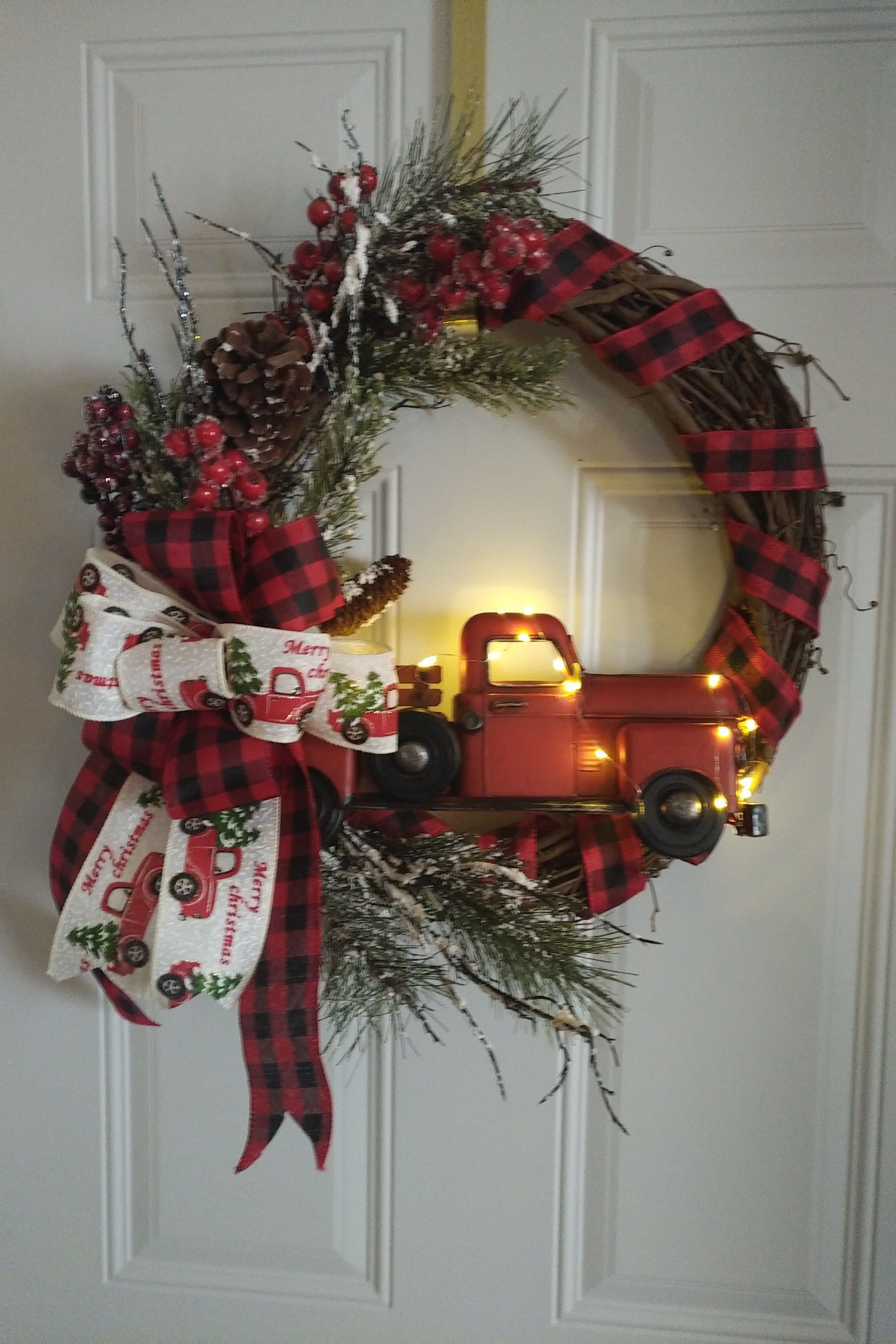 Holiday grapevine truck wreath with lights
