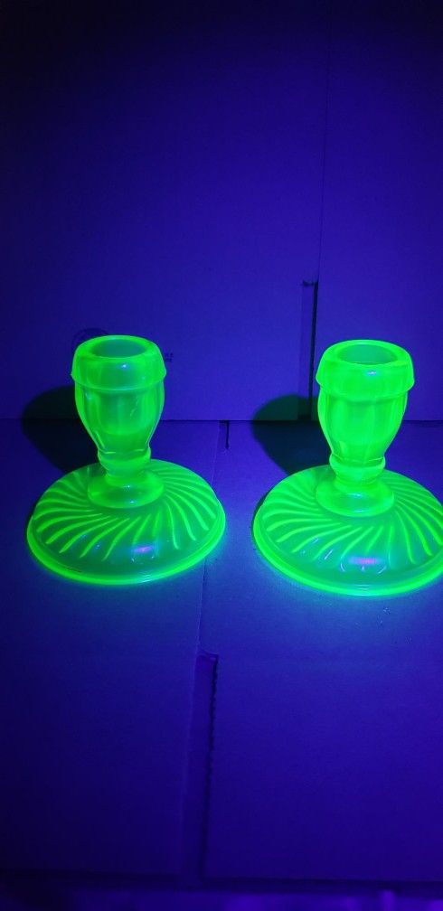 Vintage Depression Era Uranium Green Glass Candle Stick Holders- Matching Pair