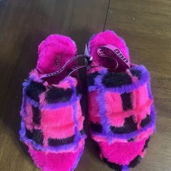 UGG FLUFF YEAH SLIDE PLAID PUNK PINK MULTI SLINGBACK FURRY SANDAL WOMENS US9