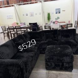 Sectional Sofa With Ottoman Black Fur- Like Jumbo Corduroy New