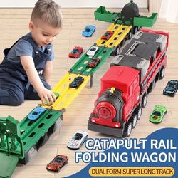 Hauler Train Carrier Truck Toy With Folding Ejection Race Track And 12 Mini Cars