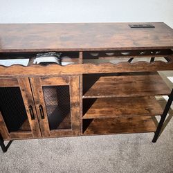 Wine Bar Cabinet with Power Outlets and LED Lights Industrial Coffee Bar Cabinets