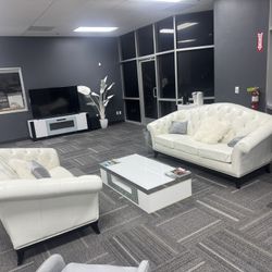 2 Beautiful Modern white leather tufted sofas with Crystal buttons