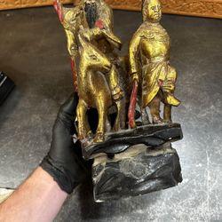 Chinese Scholars Wood Carving Gold Gilded Horse And Two Men Statue
