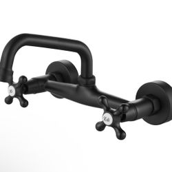 Airuida Matte Black Wall Mount Kitchen Faucet, 6 Inch(15cm) Spout Wall Mount Laundry Sink Faucet, Adjustable Center Double Handles Hot and Cold Water 