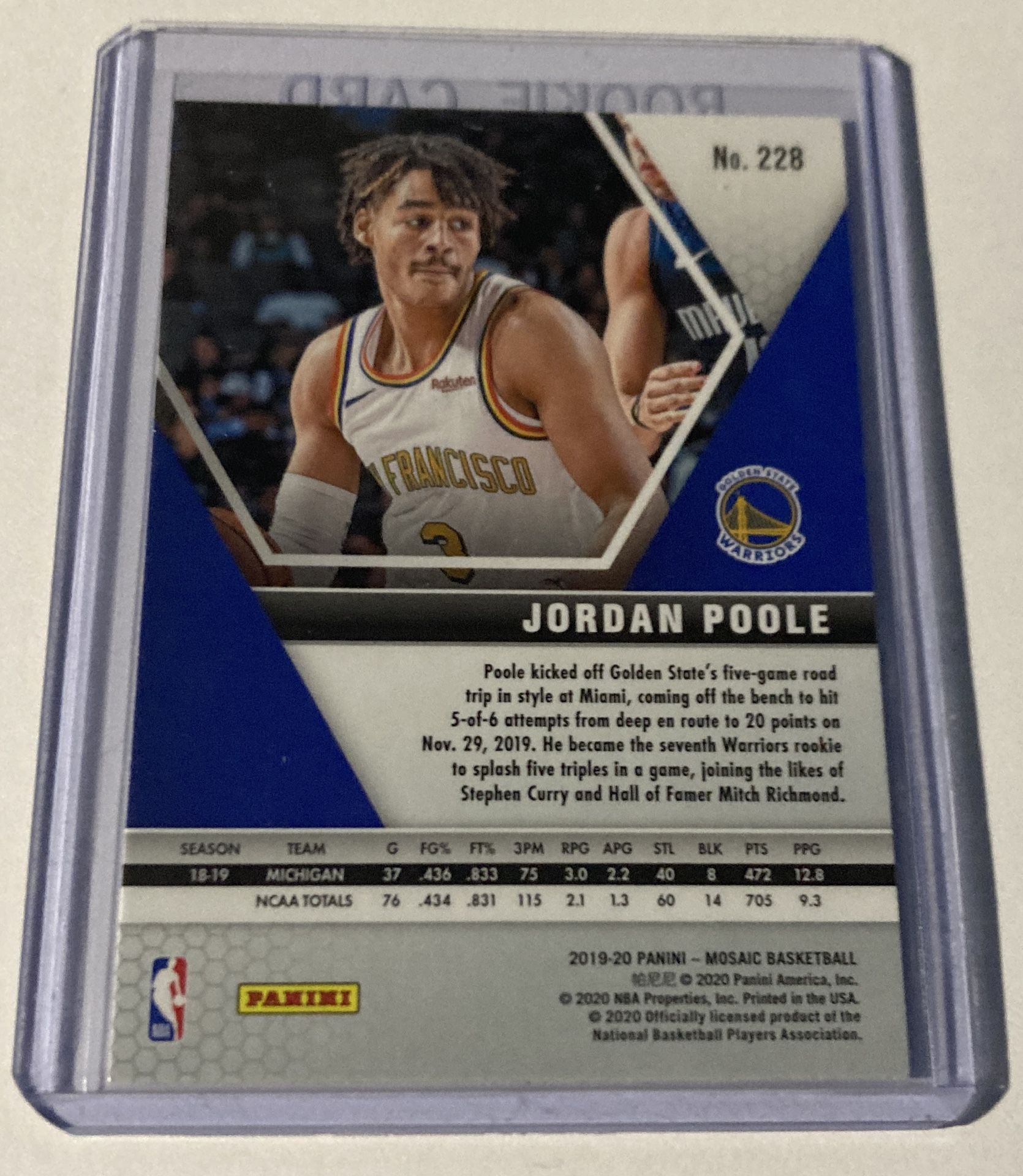 Jordan Poole Rookie Card 2019-20 Mosaic Basketball #228 Warriors