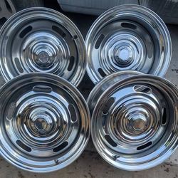 4- Rally Wheels 2-15x8 and 2-15x10 all chrome! 5x4.75 Price Reduced!