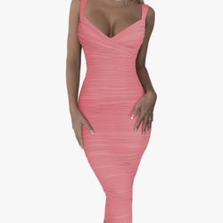 Women's Sexy Bodycon Sleeveless Ruched Mesh Club Party Midi Size Small