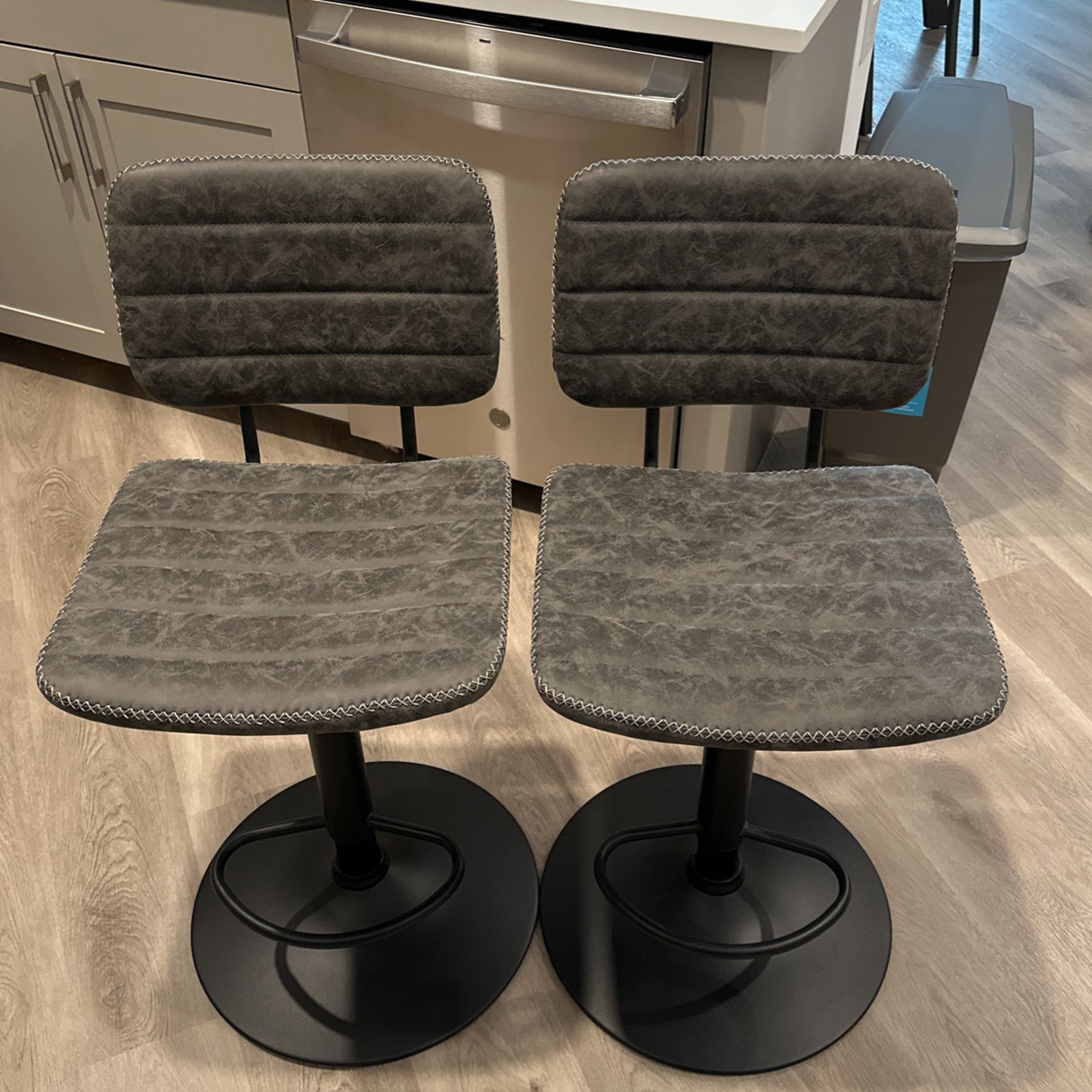 Grey Faux  Leather Bar Stools With Stitching  Detail