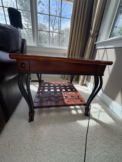 Wood and Iron End Table with Woven Leather Shelf