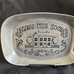 Vintage pewter “Bless This house” Bread Plate, with bonus Stone