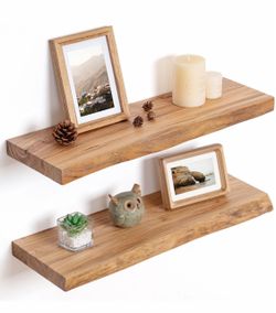 Floating Shelves for Wall, Solid Elm Wood Shelves, 24” Set of 2, Natural - NEW