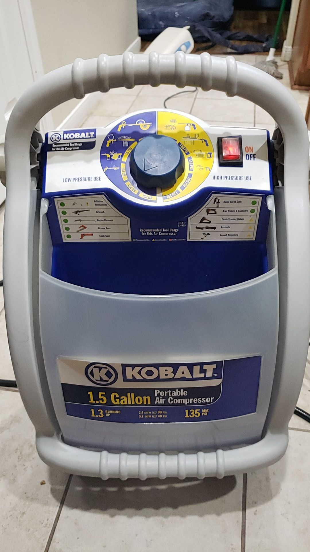Kobalt 1.5 gallon portable air compressor 1.3hp
