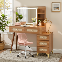 Homy Casa Kalmar 2PC Vanity Set 47” Vintage Walnut Makeup Vanity Desk with 5 Drawers, Lighted Mirror & Carnation Morandi Pink Swivel Chair