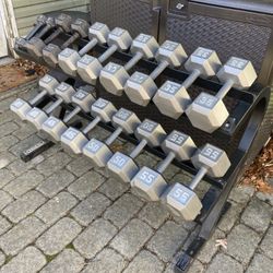 Complete Set Of Steel Hex Dumbbells From 5 Lbs To 55 Lbs With 2 Tier Powertec Dumbbell Rack