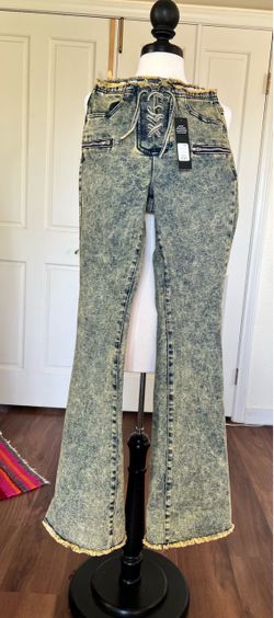 Acid Wash Flare Jeans with Lace-Up Waist