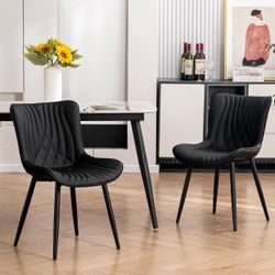 YOUTASTE Black Dining Chairs Set of 2 Upholstered Mid Century Modern Kitchen Dining Room Chairs Armless Faux Leather Accent Chairs Metal Vanity Lounge