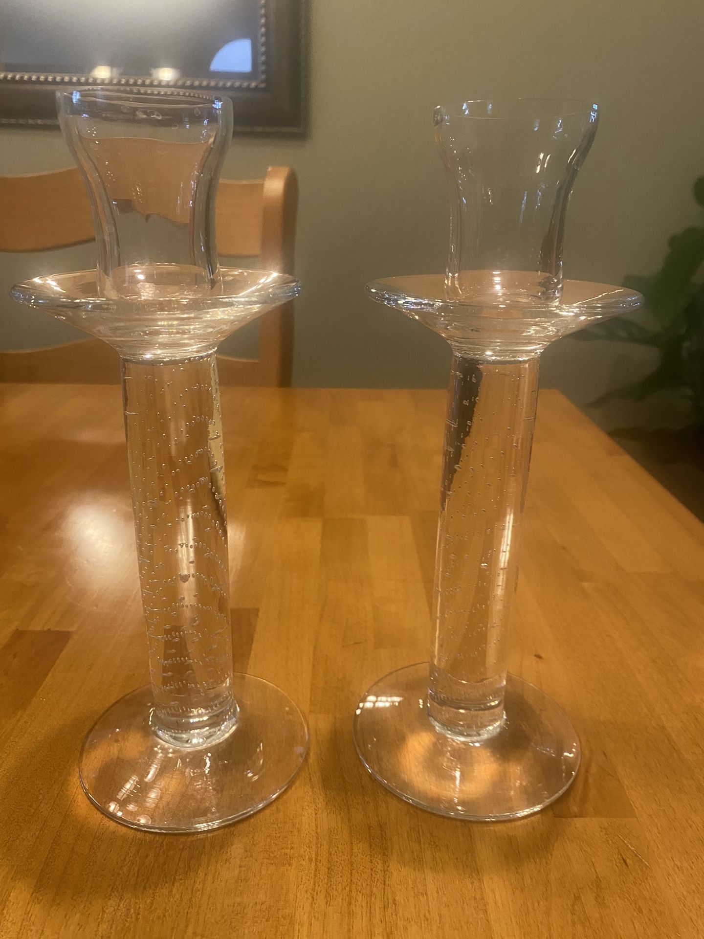 Controlled bubble Glass candle holders. Hand blown. Tall. 10.5 inches. Set of 2. Like New Condition