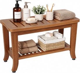 Solid Teak Shower Bench with Storage Shelf Water-Resistant Non-Slip Rubber Feet, Holds 400 lbs