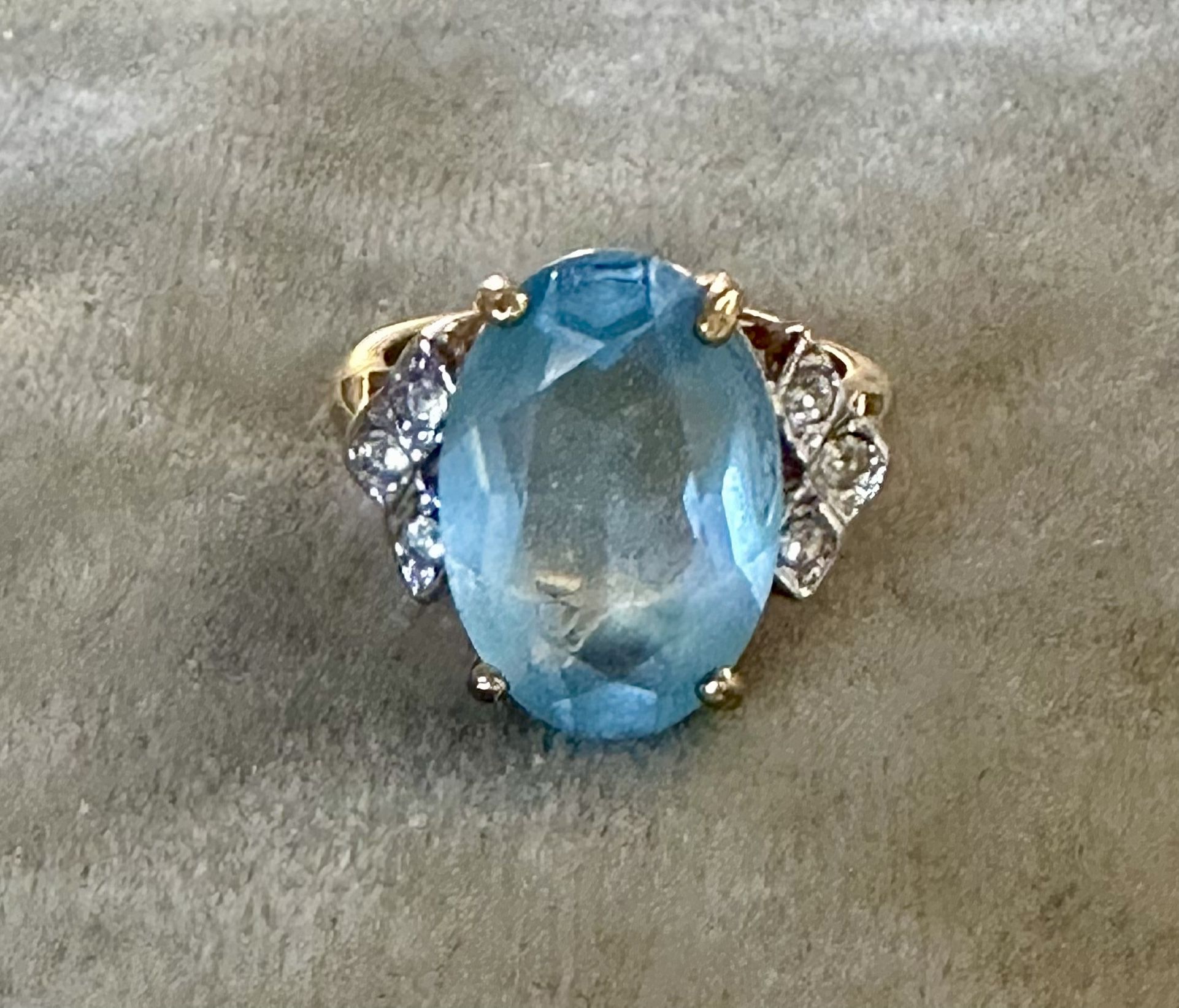Vintage Blue & Clear Rhinestone Ring, 18k Gold Plated, Size 6, 5.2 Grams Total Weight 