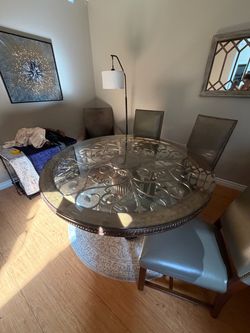 Round Glass Top Dining Table with Ornate Base & 4 chairs