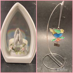 Christian Decor: Praying Hands Candle Holder & Stained Glass Bird