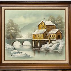 Original Vintage Oil Based Pretty Relax Painting River Winter Scene Cross Bridge To House