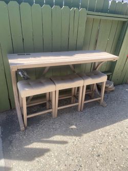 59" Industrial 4 Piece Bar Table Set with Power Outlet, 3 Padded Stools