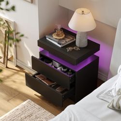 Set Of 1, Black LED Night Stand Modern Nightstand with 2 Drawers