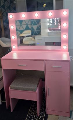 New Pink Vanity Desk w/ LED Mirror, Charging Station & Stool