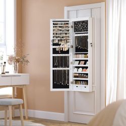 47.2-Inch Tall Lockable Wall or Door Mounted Jewelry Armoire Organizer with Mirror, 2 Drawers, 3.9 x 14.6 x 47.2 Inches