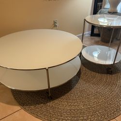 Vintage IKEA Strind Round Coffee Table & Side Table Set – White Glass