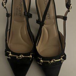 Black Pointed-Toe Slingback Heels with Gold Horsebit Detail