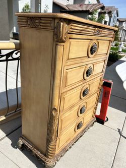 Marble top dresser,chest and Queen bed frame. $100 all drawers need work