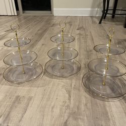 Clear 3-Tier Round Plastic Cupcake Tower Stand with Gold Rim, Dessert Display Tea Party Serving Platter