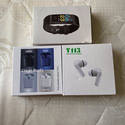 Two Cases Of Headphones And One Fit tracker Watch 